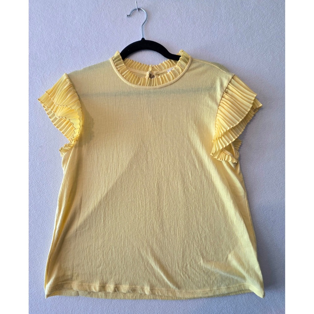Meraki Womens Yellow Pleated Ruffle Sleeve Mock Neck Top Small